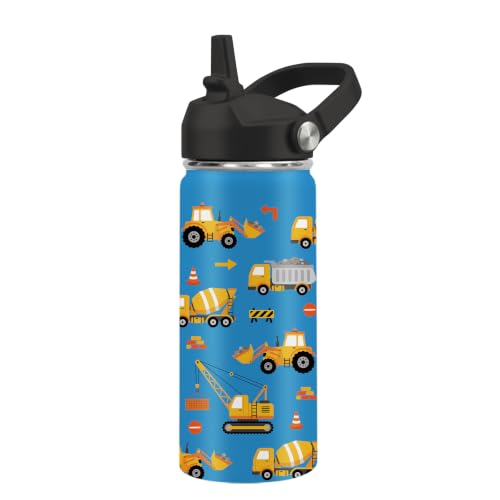 Kids Water Bottle Insulated - Construction Vehicles Water Bottle for Kids, 16oz Stainless Steel Insulated Water Bottles with Straw Lid, Leakproof BPA-Free Vehicles Water Bottles for Home Travel Sports - color: Construction Truck03#blue, size: 16 Ounces