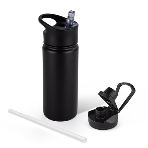 16 oz Insulated Water Bottle for School, Straw & Spout Lid, Keep Cold 24H, Spill Proof, BPA-Free, Double Wall Stainless Steel Kids Water Bottles for Sports, Gym, Travel, Black - color: Black, size: 16 Ounces