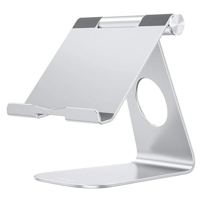 OMOTON T1 Adjustable Tablet Stand for Desk, Aluminum Holder for iPad Silver | Solid Metal Build | Charging Cutout | Anti-Slip Silicone Pads | Multi-Angle Adjustable | Fits 3.5-12.9" | Holds Thick Cases - color: Silver