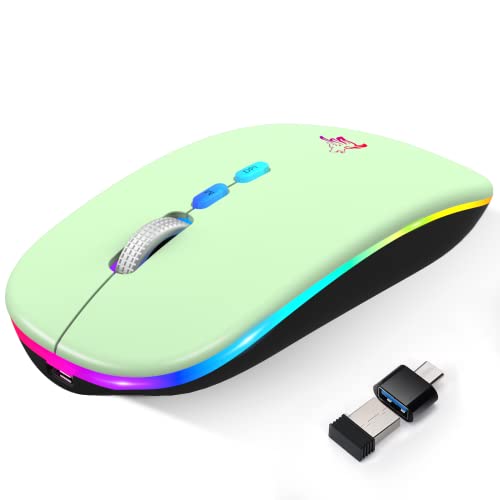 HOTLIFE LED Wireless Mouse, Slim Rechargeable Silent Portable USB Optical 2.4G Wireless Bluetooth Two Mode Computer Mice with USB Receiver and Type C Adapter (Green) - color: Green