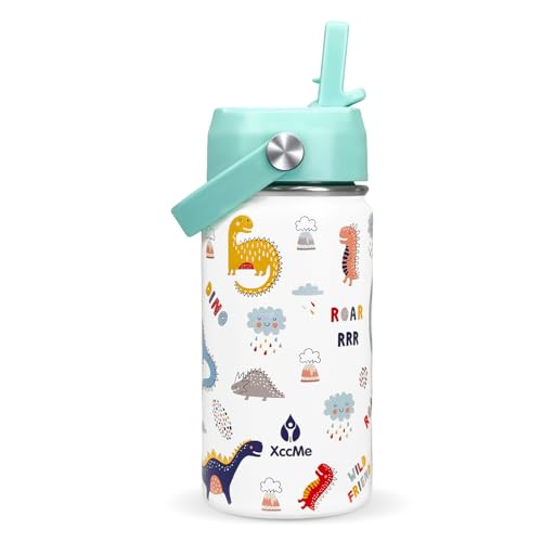 Dinosaur Kids Water Bottle With Straw Lid,14 oz Stainless Steel Travel Bottle,Double Wall Leak Proof Kids Cup,Insulated Tumbler for Toddlers,Metal Cup for School Boys Girls - color: Green Dinosaur, size: 14 Ounces