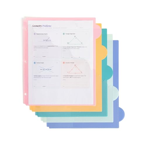 U Brands 5 Tab Poly Binder Dividers with Pocket, Pastel Drift, 3-Hole Punched, 10 Blank Labels, Transparent Pocket, Durable No-Tear - color: Pastel Drift