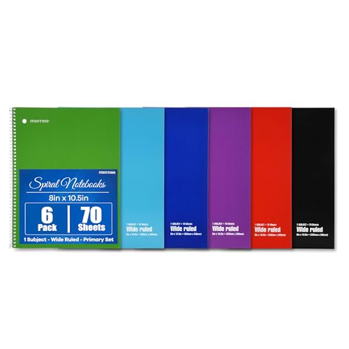 Mintra Office Spiral Notebooks Set - Primary Colors, Wide Ruled, Journals for School, Work, Business, Aesthetic Stationery, Writing Pads, Teacher & Student Supplies, 70 Sheets Each, 6-Pack - color: Solid - Wide Ruled, size: 6PK