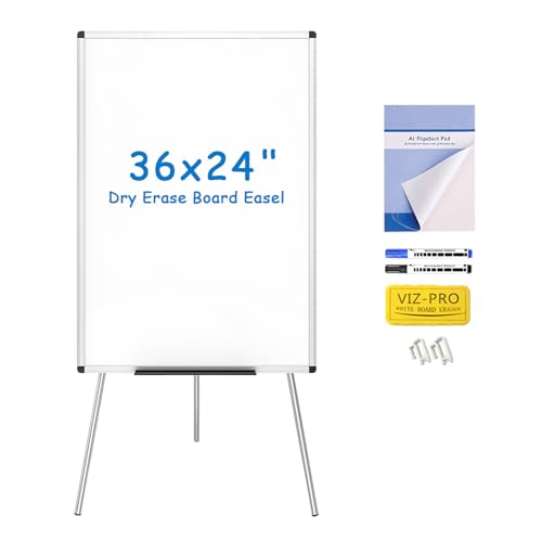 VIZ-PRO Whiteboard Easel, 36 x 24 Inches, Portable Dry Erase Board Height Adjustable With Flipchart Pad - size: 36 x 24 Inches - With Flipchart Pad