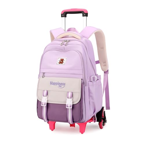 Purple Rolling Backpack for Girls Elementary Middle School Bags, Girls Backpack for Kids with 6 Wheels, Purple - color: 6 Wheels-02-purple, style: 6 Wheels
