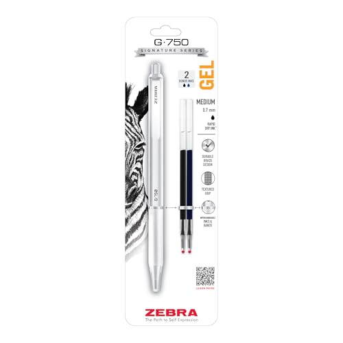 Zebra Pen G-750 Signature Series Retractable Gel Pen 1-Pack with Refills, Black Ink, 0.7mm Medium Point, Pearl White Premium and Durable Brass Barrel, Textured Grip, Rapid Dry Ink (49801) - color: Black B, size: 1 Count (Pack of 1)