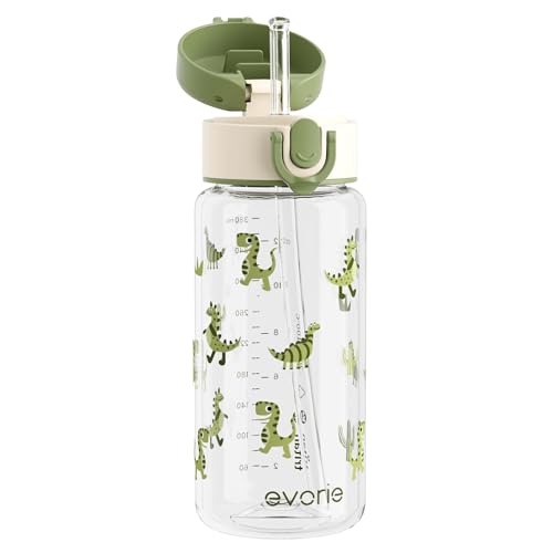 Evorie Tritan Kids Water Bottle with Straw, 13oz BPA-Free Leak-Proof Drinking Bottle for School & Travel, Lightweight Clear Water Bottle, Dishwasher Safe, for Kids Ages 3+ (Green Dino) - color: Green Dino