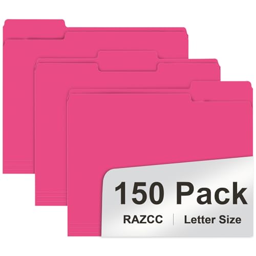 File Folder, RAZCC 150 Pack 1/3 Cut Tab File Folders Letter Size, Magenta, Folders with Tab, Great for Organizing and Easy File Storage - color: Magenta