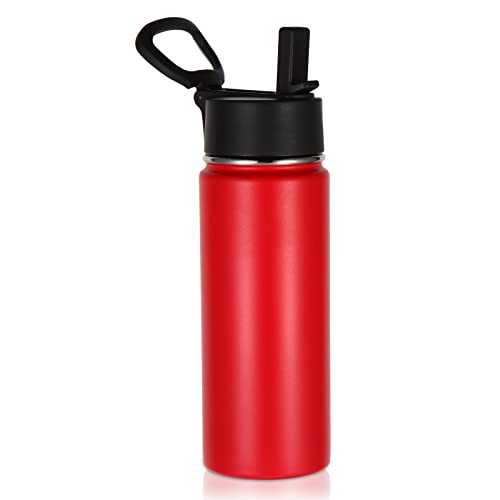Volhoply 18oz Kids Insulated Water Bottle,Stainless Steel Water Bottles with Straw Lid,Wide Mouth Reusable Metal Water Bottle,Double Wall Vacuum Sports Travel Flask For Cold Drink(Red,1 Set) - color: Red