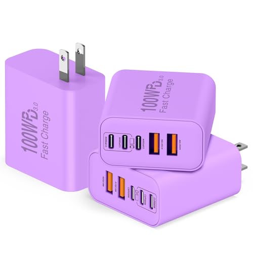 QZIIW USB C Wall Fast Charger Block, 100W 5-Port Type C Fast Charging Block 3 Pack-PD Power Charger Adapter QC 3.0 USB Multiport Charger Brick for iPhone 17 16, Samsung Series MacBook/Air, iPad, etc. - color: Purple