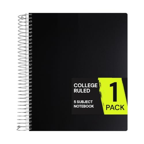 ONAVIA 5 Subject Spiral Notebook College Ruled, 400 Pages, Black | 200 Sheets, 9 x 11 in, 6 Pack Waterproof Plastic Cover, Durable, School Notebooks, Classroom, Teachers - color: Black