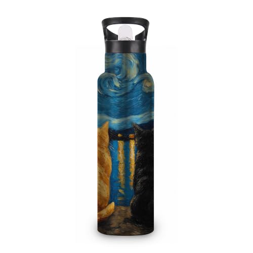 Cat Night Insulated Water Bottle,Starry Night Stainless Steel Water Bottles 20 oz with Straw Lid,Leak Resistant Double Wall Insulated Flask with Handle for Travel Outdoor Gym - color: Cat Night,Starry Night