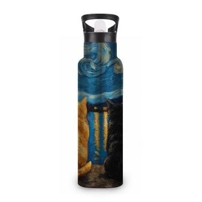 Cat Night Insulated Water Bottle,Starry Night Stainless Steel Water Bottles 20 oz with Straw Lid,Leak Resistant Double Wall Insulated Flask with Handle for Travel Outdoor Gym - color: Cat Night,Starry Night