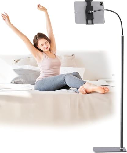 Tablet Floor Stand Holder with Flexible Gooseneck and Stable Base, Compatible with Tablet and Cell Phones (3.5''-9.7''), Black - color: Black