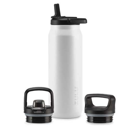 ZULU Base 40oz Stainless Steel Water Bottle with 3 Lids- Straw, Chug, Twist | Double Walled and Vacuum Insulated Metal Thermos | For Gym, Outdoor | Built in Carry Loop, Dishwasher Safe, White - color: White, style: 40oz