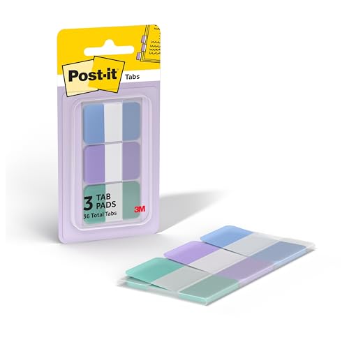 Post-it Sticky Tabs, 1 x 1.5 in, Warm Pastels, 3 Pads, 36 Tabs Total - color: Cool Pastels