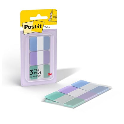 Post-it Sticky Tabs, 1 x 1.5 in, Warm Pastels, 3 Pads, 36 Tabs Total - color: Cool Pastels