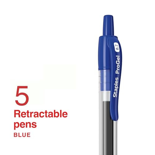 STAPLES Retractable Gel Pens, Fine Point 0.7mm, Blue Ink, 5 Pack – ProGel Quick‑Dry Pens for Notes & Everyday Writing - color: Blue, size: 5 Pack, style: Fine Point