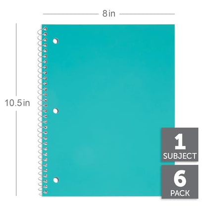 Just Basics® Poly Spiral Notebook, 8" x 10-1/2", 1 Subject, College Ruled, 70 Sheets, Assorted, Pack Of 6