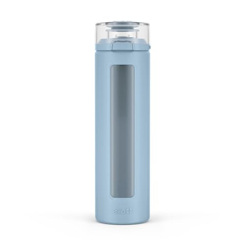 Ello Syndicate 20oz Reusable Glass Water Bottle with One-Touch Leak Proof Flip Lid, Protective Non-Slip Silicone Sleeve, Carry Loop for Coffee, Tea and Water, BPA-free, Dishwasher Safe, Tech Blue - color: Tech Blue