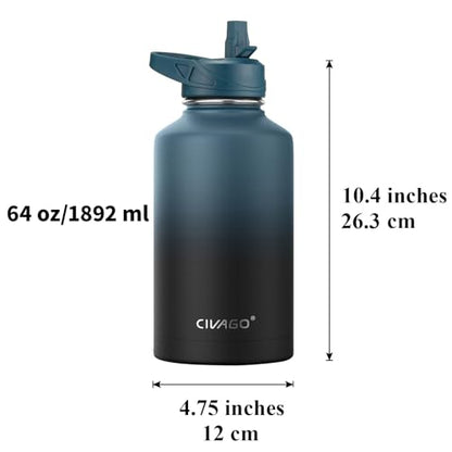 CIVAGO 64 oz Insulated Water Bottle With Straw, Half Gallon Stainless Steel Sports Water Flask Jug with 3 Lids (Straw, Spout and Handle Lid), Large Metal Thermal Cup Mug, Navy Blue - color: .Navy Blue, size: 64 Ounces