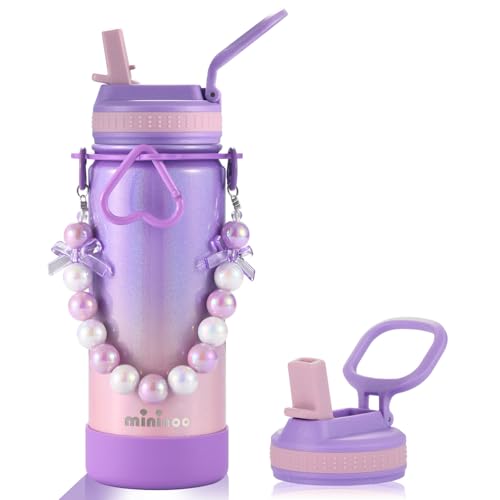 Mininoo Kids Water Bottle for School - 16 oz Stainless Steel Insulated Water Bottle with Ceramic-Lined, Leakproof Straw Lid & Beaded Handle for Girls & Boys - color: Sparkle Lavender