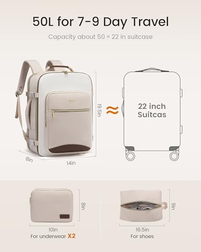 LOVEVOOK 50L Travel Backpack for Women & Men, Airline Approved Carry On Luggage with 3 Packing Cubes, TSA Overnight Bags, Waterproof Personal Item Bag, Weekender Essentials Backpacks fits 17" Laptop - color: Beige Yellow-beige-brown, size: X-Large