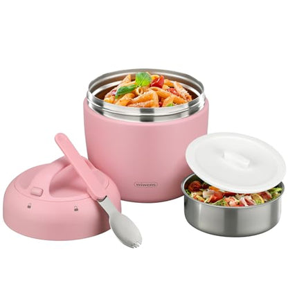 wiwens Thermo Food Jar for Hot Food Adults 32OZ Soup Thermo Lunch Containers Wide Mouth Vacuum Insulated Stainless Steel Leakproof Bento Box with Spoon - color: Pink3