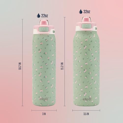 Ello Pop & Fill Insulated Stainless Steel Water Bottle with Quick Fill Lid, Leakproof Locking, Sip or Chug Spout, BPA-Free, Double Wall Vacuum Insulated for Sports, Travel & School- 22oz / 32oz / 40oz - color: Full Bloom, style: 22oz