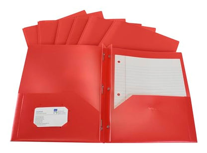 School Smart 2-Pocket Poly Folders with Fasteners, Red, Pack of 25 - color: Red, style: Fasteners