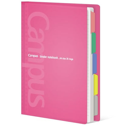 KOKUYO 5 Subject Spiral Notebook, Campus A4 Refillable Journal with 5 Tab Dividers, Up to 65 Sheet Capacity, 50 Sheets in 7mm Dotted Ruled Loose Leaf Paper, Pink - color: Pink