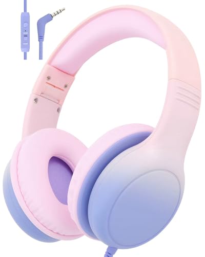 Over Ear Kids Headphones with HD Mic, Safe Volume Limited Wired Headphones for School, Travel, Stereo Sound Headphones with Cord, Foldable 3.5mm Headphones for iPad, Laptop, PC, Pink-Blue - color: Pink-Blue