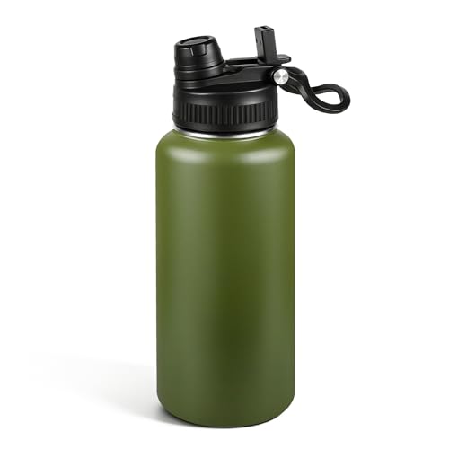 32oz Insulated Stainless Steel Water Bottle 2-in-1 Leak-Proof Sip & Straw Lid with Handle, Double Wall Vacuum Insulated Travel Mug for Sports, Commute, Office, Army Green, 1 Pack - color: Army Green, size: 32 Ounces