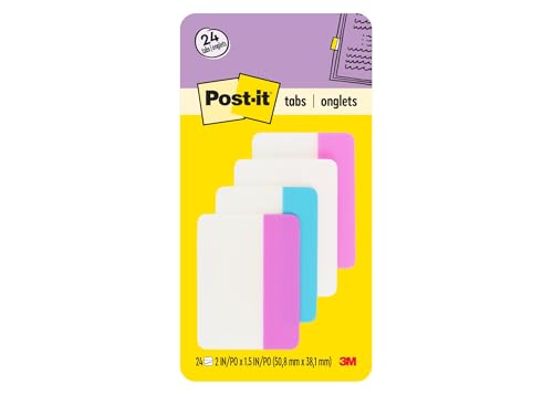 Post-it Sticky Tabs, 2 in. x 1.5 in., 4 Pads of Book Tabs in Assorted Colors for Bookmarking, Annotating, Reading, and Reminders, Pink, White, Blue, and Purple Colors (24 Total Count)