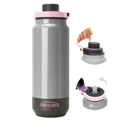 GREYLOCK 32 oz Insulated Water Bottle with Straw Lid, Leakproof Reusable Stainless Steel Vacuum Flask, 24hr Cold & Hot, Carry Handle & Silicone Spout, BPA-Free for Gym, Hiking, Travel, Grey - color: Stone Blossom, size: 32 Ounces