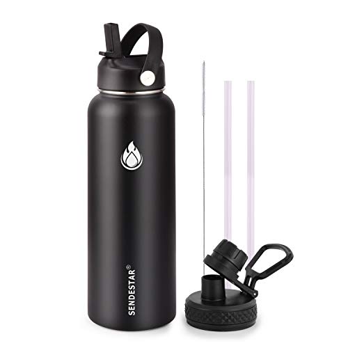 SENDESTAR Stainless Steel Water Bottle, Wide Mouth 32 oz Water Bottle with Straw Lid, Spout Lid, Double Wall Vacuum Insulated Leak Proof, Keeps Liquids Hot or Cold (Black) - color: Black, size: 32 Ounces