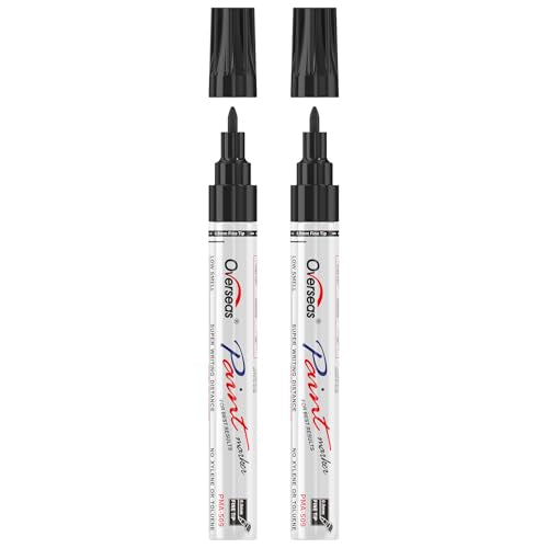 Overseas Black Oil Based Paint Markers, 2 Fine Tip Permanent Paint Pens | 0.9mm Fine Nib, Waterproof, Quick Dry, Fade Resistant, Oil Marker Pen for Metal, Rubber, Wood, Plastic, Rock, Glass, Canvas - color: Black