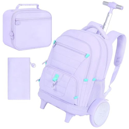 CCJPX 3Pcs Women & Girls Rolling Backpack with Bigger Wheels, Extra-Large Wheeled Bookbag with Lunch Box, Water Resistant Extra-Large Roller Luggage for Travel, Work, College (Purple) - color: Purple(upgrade Large Wheel)