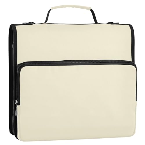 Cream-Colored Solid Color Waterproof 13" Binder Bag Organizer with Expandable Storage,3-Ring Zipper Binder with Shoulder Strap for School & Office