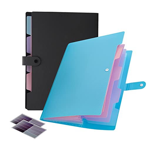 NAFY Colorful Expanding File Folder, 5 Pockets Folder with Colored Labels Portable Weave Pattern Accordion File Folder A4 Letter Size Project Organizer Document Folder for Office School (Black+Blue) - color: Black+blue