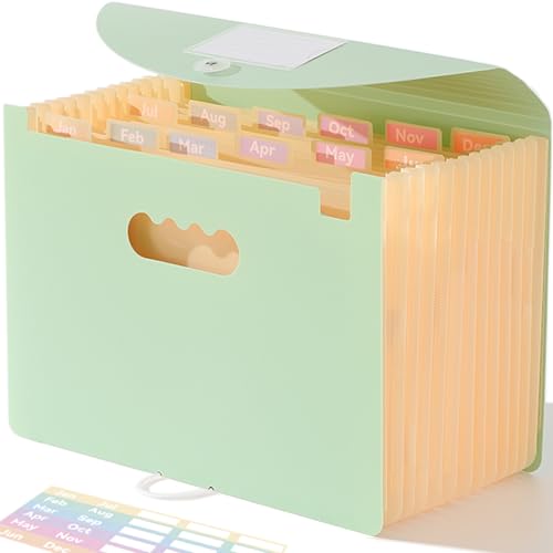 SortRax Accordion File Organizer 12 Pockets, Monthly Bill Receipt Tax Organizer, Expanding File Folders with Larger Bright Tabs, Fits Letter/A4 Size - Green - color: Green