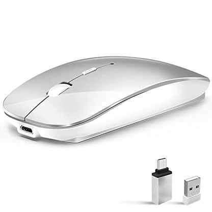 Wireless Mouse for Laptop Cpmputer,Bluetooth Mouse for MacBook,Silver | Rechargeale Dual Mode(USB 2.4Ghz + Bluetooth 5.2) Silent Portable Cordless Mice with USB C Adapter