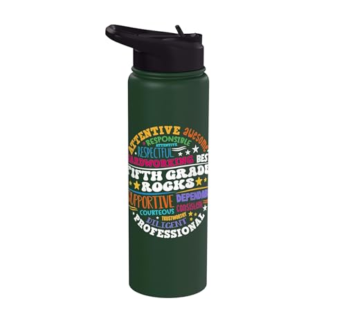Fifth Grade Rocks Teacher Student - 5th Grade Back to School Stainless Steel Insulated Water Bottle - color: Dark Green