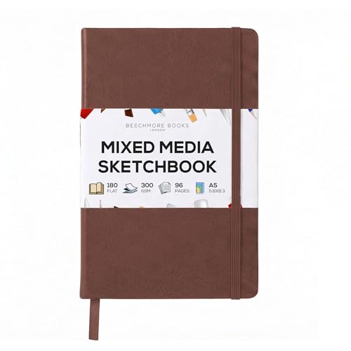 Beechmore Books 300 GSM Heavyweight Mixed Media Sketchbook A5 5.8"x8.3" - 96 Pages, Vegan Leather Hardcover Professional Art Journal for Paintings, Gouache and Ink - color: Chestnut Brown, size: A5 - 5" x 8" Medium