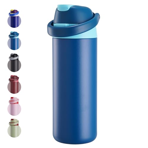Fijinhom 18 oz Insulated Water Bottle, Stainless Steel Water Bottle with 2-in-1 Straw and Push-Button Spout Lid, Keeps 24 Hours Cold, Double Wall Vacuum Leak-Proof & BPA-Free for Sports, Travel, Blue - color: Blue, size: 18 Ounces