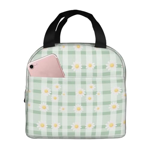 Lunch Bag Daisy Pastel Green Check Plaid Insulated Lunch Box Reusable Cooler Tote for Adults Student Girl Boy Work Office School Picnic Over 3 Years Old - color: B0383