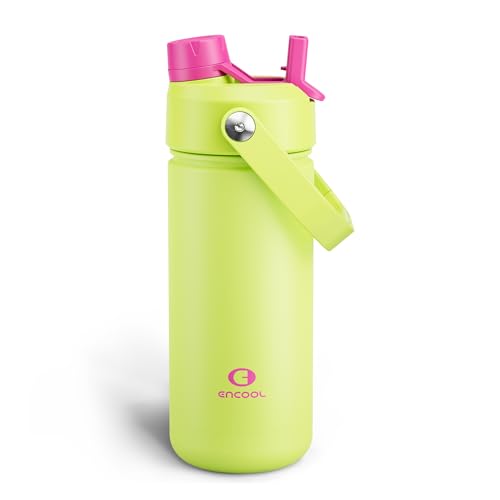 ENCOOL Insulated Water Bottle with Straw Stainless Steel Water Bottle, Leak-Proof, BPA-Free, Double Wall Vacuum Keeps Cold for 24 Hours for Sports, Travel, School (18 oz, Acid Green) - color: Acid Green, size: 18 Ounces