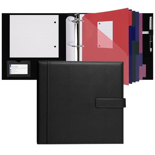 POPRUN 1.5 Inch PU Leather Portfolio Binder, Letter Size, Black | 1.5" Ring, Letter Size, PU Leather, Dividers, Card Slots, Storage Pockets, Business, Office - color: Black, size: 1.5 inch