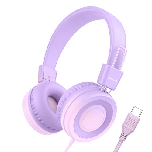 Bywulanda USB Type C Kids Headphone for School, 94dB Safe Volume Limited, Foldable Stereo Sound Tangle-Free Type C Cord, On-Ear Headphones for Boys/Girls/Students/Tablet/Travel(Gradient Purple) - color: Purple Pink Gradient