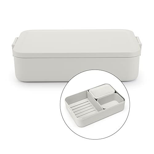 Brabantia Make & Take Bento Lunch Box (Light Gray) 2 Compartments & Lidded Pot, Lift-Out Tray Divider, BPA-Free, Airtight Snap Locks, Microwave & Freezer Safe, Travel Meal Prep Container, 68oz - color: Light Gray, style: Bento Lunch Box